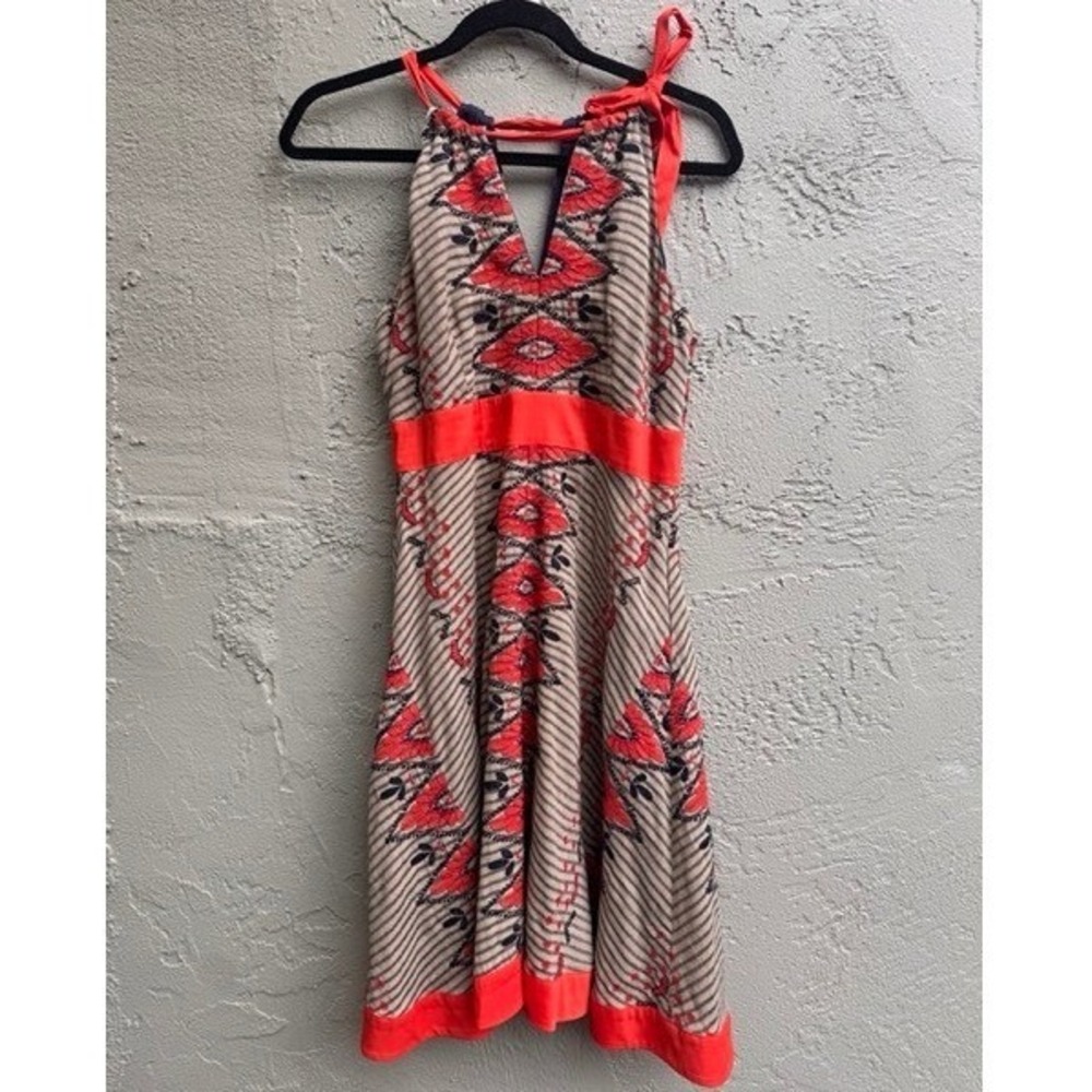 Anthropologie Eva Franco Red Navy Embroidered Halter Bow Striped Dress SZ 8 Boho